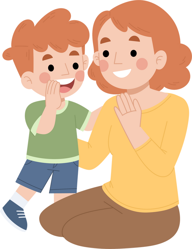 Illustration of boy talking secret with mother